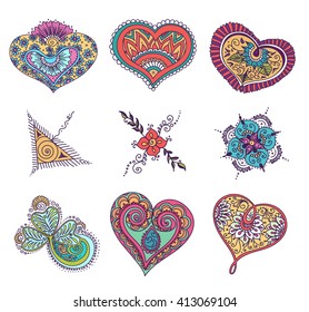 Vector abstract pattern of tattoo henna. Stock mehndi set for design on white background.
