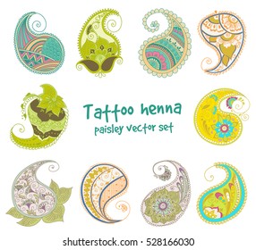Vector abstract pattern of tattoo henna paisley. Stock mehndi set for design on white background - indian cucumbers.