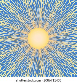 Vector abstract pattern of wavy lines, striped blue-yellow pattern, sun on a light blue background for the design of tiles, scarf, shawl, hijab.