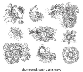 Vector abstract patterns of tattoo henna. Stock mehndi set for design on white background.