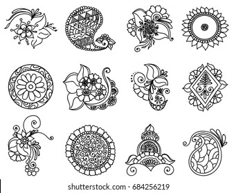 Vector abstract patterns of tattoo henna. Stock mehndi set for design on white background.