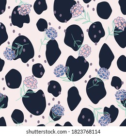 Vector Abstract Peonies on Animal Print in vibrant colors seamless pattern background.