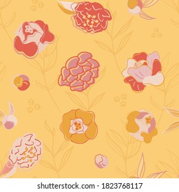 Vector Abstract Peony Flowers on Yellow Background seamless pattern background.