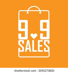 Una imagen vectorial y abstracta de 9.9 ventas en forma de bolsa de papel sobre fondo naranja. Ventas diarias de un solo dígito con mejor oferta