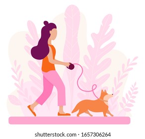 Vector abstract pink background and girl walking with dog corgi. Spring illustration for creating a romantic mood. Illustration of articles for pet owner, pet stores, dogsitter. Graphics in flat style
