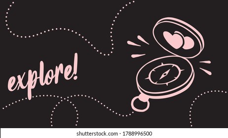 Vector abstract pink and black illustration of compass of love conceptual pictogram with the word explore