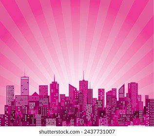 vector abstract pink cityscape with pink sun burst