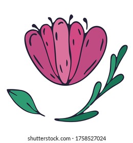 flor rosa abstracta vectorial con hojas verdes y contorno violeta, elemento vector