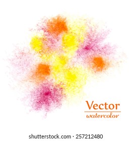 Vector abstract pink, orange and yellow blots. Bright ink design spots isolated on white. Abstract paint illustration. Space style. Background for banner, card, poster, poster, identity,web design.