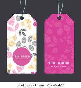 Vector abstract pink, yellow and gray leaves vertical round frame pattern tags set