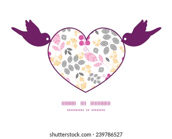 Vector abstract pink, yellow and gray leaves birds holding heart silhouette frame pattern invitation greeting card template