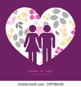 Vector abstract pink, yellow and gray leaves couple in love silhouettes frame pattern invitation greeting card template