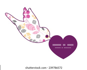 Vector abstract pink, yellow and gray leaves birds holding heart silhouette frame pattern invitation greeting card template