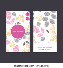 Vector abstract pink, yellow and gray leaves vertical round frame pattern business cards set