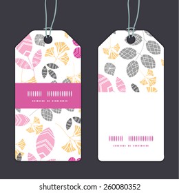 Vector abstract pink, yellow and gray leaves vertical stripe frame pattern tags set