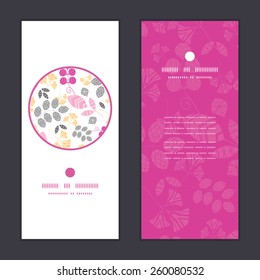 Vector abstract pink, yellow and gray leaves vertical round frame pattern invitation greeting cards set