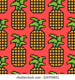Vector abstract pixel art pineapple seamless pattern background 