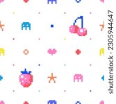 Vector Abstract Pixel Art Seamless Pattern Background. Repeat Texture Template With 8bit Video Game Elements, Hearts, Berries, Cherries, Monsters and Abstract Shapes.