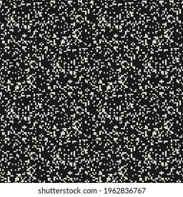 Vector abstract pixel mosaic background. Monochrome seamless pattern with small random scattered squares, tiny dots. Black and white minimal grunge halftone texture. Dark modern repeat digital design