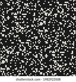 Vector abstract pixel mosaic background. Simple monochrome seamless pattern with small randomly scattered squares, tiny dots. Black and white minimal grunge halftone texture. Dark digital design