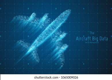 Vector abstract plane big data graph visualization. Aircraft infographics aesthetic design. Visual information complexity. Intricate engineering data scheme. Travel, tourism, transport analytics.