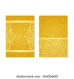Vector abstract plants mandalas vertical banners set gold glitter background.