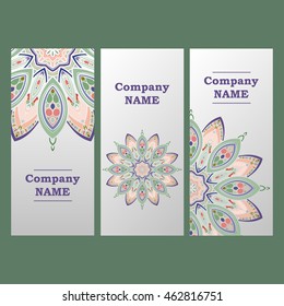 Vector abstract plants mandalas vertical banners set pattern background.