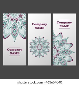 Vector abstract plants mandalas vertical banners set pattern background.