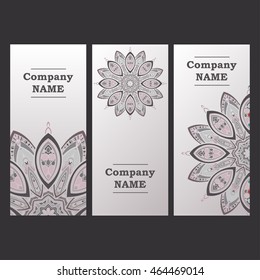 Vector abstract plants mandalas vertical banners set pattern background.
