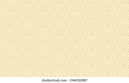 Vector Abstract Plexus Tile Circles and Wavy Lines Shape Overlapping Dimensional Geometric Repetition  pattern. Continuous Japanese Classic Vector Repetition Optical Pattern. Asian Monochrome Yellow