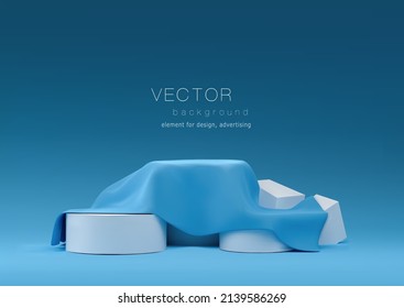 Vector abstract podium, pedestal. Round podium  is covered with  blue fabric. 3D rendering. Blue background 