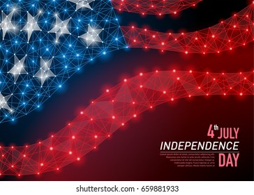 Vector abstract polygonal flag US Independence Day. Business wireframe. Thin line concept Happy 4th of July . Blue and red structure style illustration consisting of point, mesh and lines.