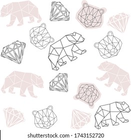 Vector abstract polygonal geometric diamonds, rocks, hearts, bears, pattern