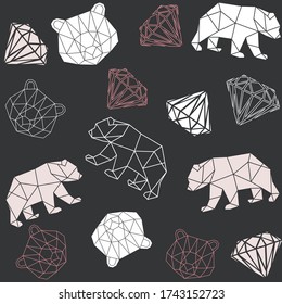 Diamantes geométricos poligonales abstractos vectoriales, rocas, corazones, osos, patrón