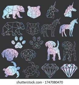 Vector abstract polygonal geometric dog, bear, unicorn, diamond rock