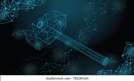 Vector abstract polygonal hammer of Thor. This is a concept image of lines and points. Low polygon drawing.