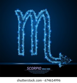 Vector abstract polygonal light symbol of scorpion to Scorpio. Business wireframe mesh spheres from flying debris. Zodiac and horoscope concept. Blue structure style illustration.