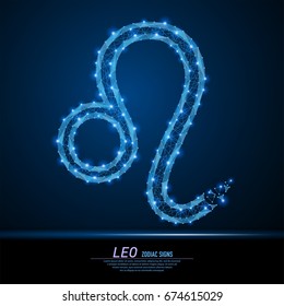 Vector abstract polygonal light symbol of Lion to Leo. Business wireframe mesh spheres from flying debris. Zodiac and horoscope concept. Blue structure style illustration.