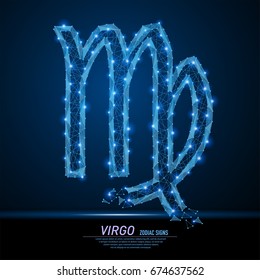 Vector abstract polygonal light symbol of women to Virgo. Business wireframe mesh spheres from flying debris. Zodiac and horoscope concept. Blue structure style illustration.
