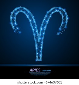 Vector abstract polygonal light symbol of ram to Aries. Business wireframe mesh spheres from flying debris. Zodiac and horoscope concept. Blue structure style illustration.