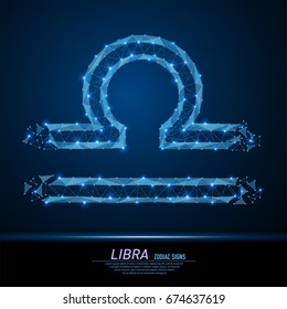 Vector abstract polygonal light symbol of steelyard to Libra. Business wireframe mesh spheres from flying debris. Zodiac and horoscope concept. Blue structure style illustration.