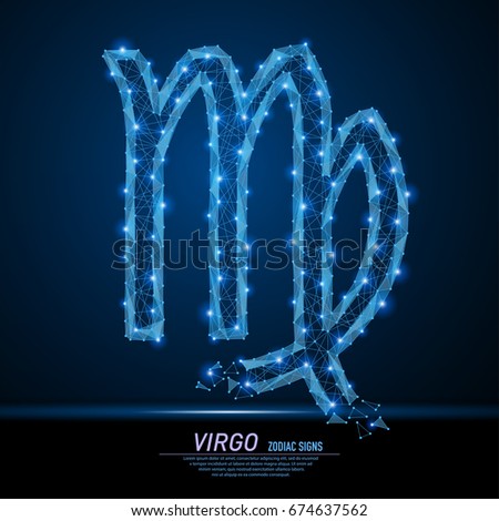 Vector abstract polygonal light symbol of women to Virgo. Business wireframe mesh spheres from flying debris. Zodiac and horoscope concept. Blue structure style illustration.