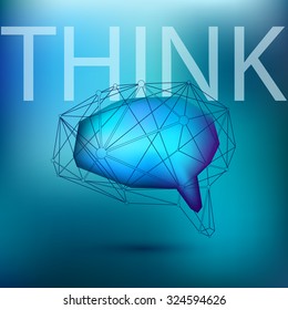 Vector abstract polygonal line shape of brains with word "Think" on the blue mashed background