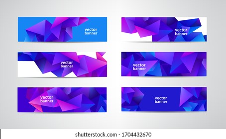 Vector Abstract Polygonal, Mosaic, Geometric, Triangular Pattern Banners Collection. Purple Facet 3d Shape Horizontal Backgrounds, Headers
