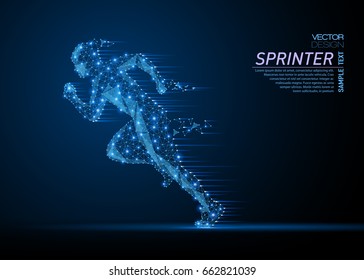 Vector abstract polygonal running man. Business wireframe. Thin line concept of sprinter silhouette. Blue structure style illustration consisting of point, mesh and lines.