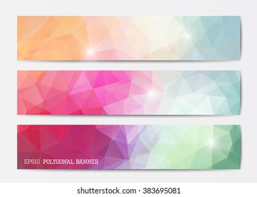 Vector abstract polygonal triangle banner templates in green and pink