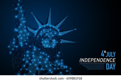 Vector abstract polygonal US Independence Day. Business wireframe concept. Statue of liberty Happy 4th of July . Blue structure style illustration consisting of point, mesh and lines.