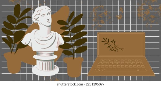 Vector abstract pop art  Apollo greek statue and plants, cell pattern. Use for contemporary presentation, fashion, sticker, banner, poster, creativity.