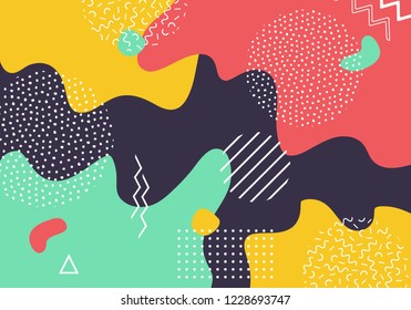 Vector abstract pop art pattern background with lines and dots. Modern liquid splashes of geometric shapes in trendy memphis style