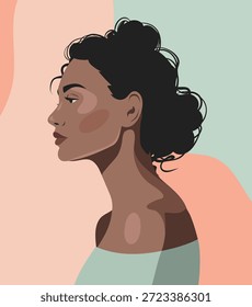 Vetor retrato abstrato de uma bela mulher de pele escura com cabelo encaracolado em perfil. Ideal para tópicos relacionados à diversidade, beleza, moda e cultura. Avatar para mídia social